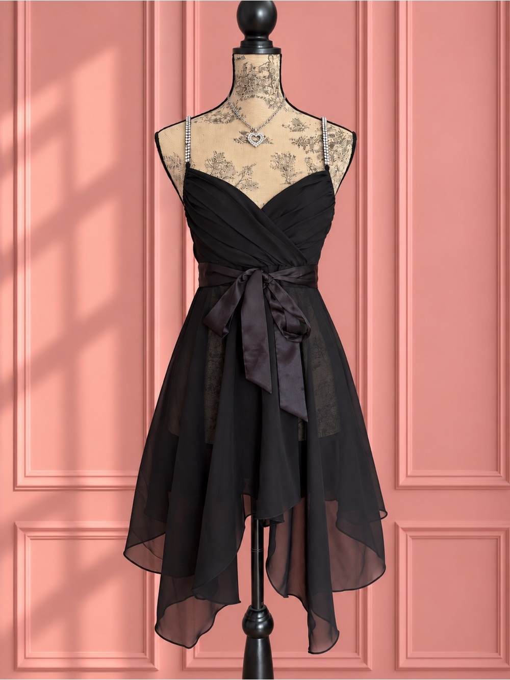 La Vie En Rose Black Chiffon Dress with Rhinestone Straps Size M